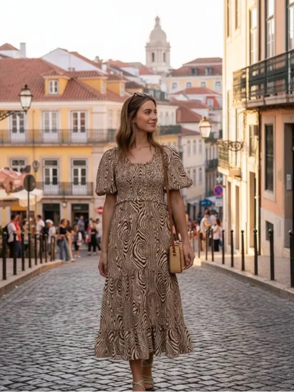 Brown Abstract Printed Maxi Dress with Puff Sleeves